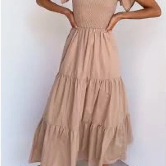 Petal & Pup Tan Tiered Maxi Dress with Flutter Cap Sleeves - Picture 3 of 5